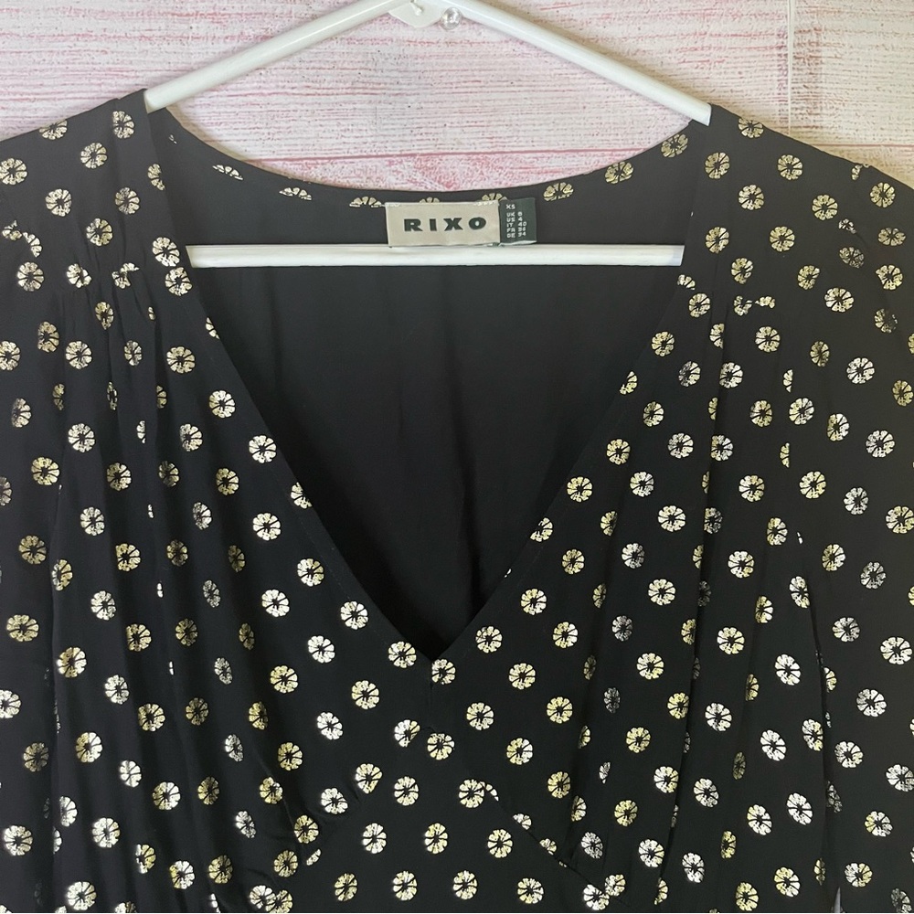 Rixo Mavis Black Gold‎ Foil-Print Maxi V-Neck Dress Size XS US4 - Picture 4 of 7
